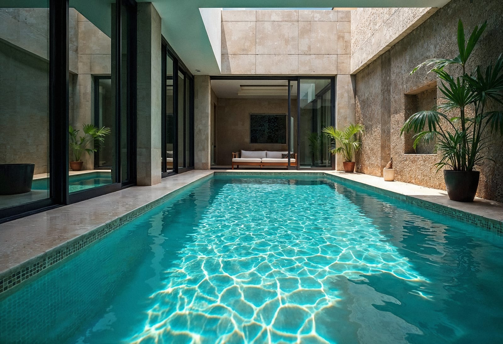 Calm blue backyard swimming pool on a clear day